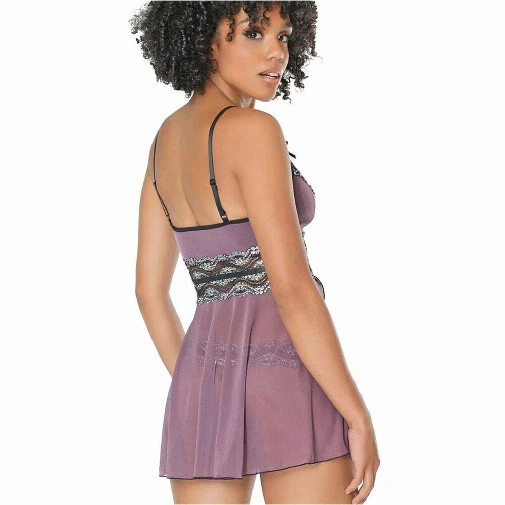 Plus Babydoll Set Mesh Metallic Lace Padded Cup Mauve Purple Womens 3x 4x